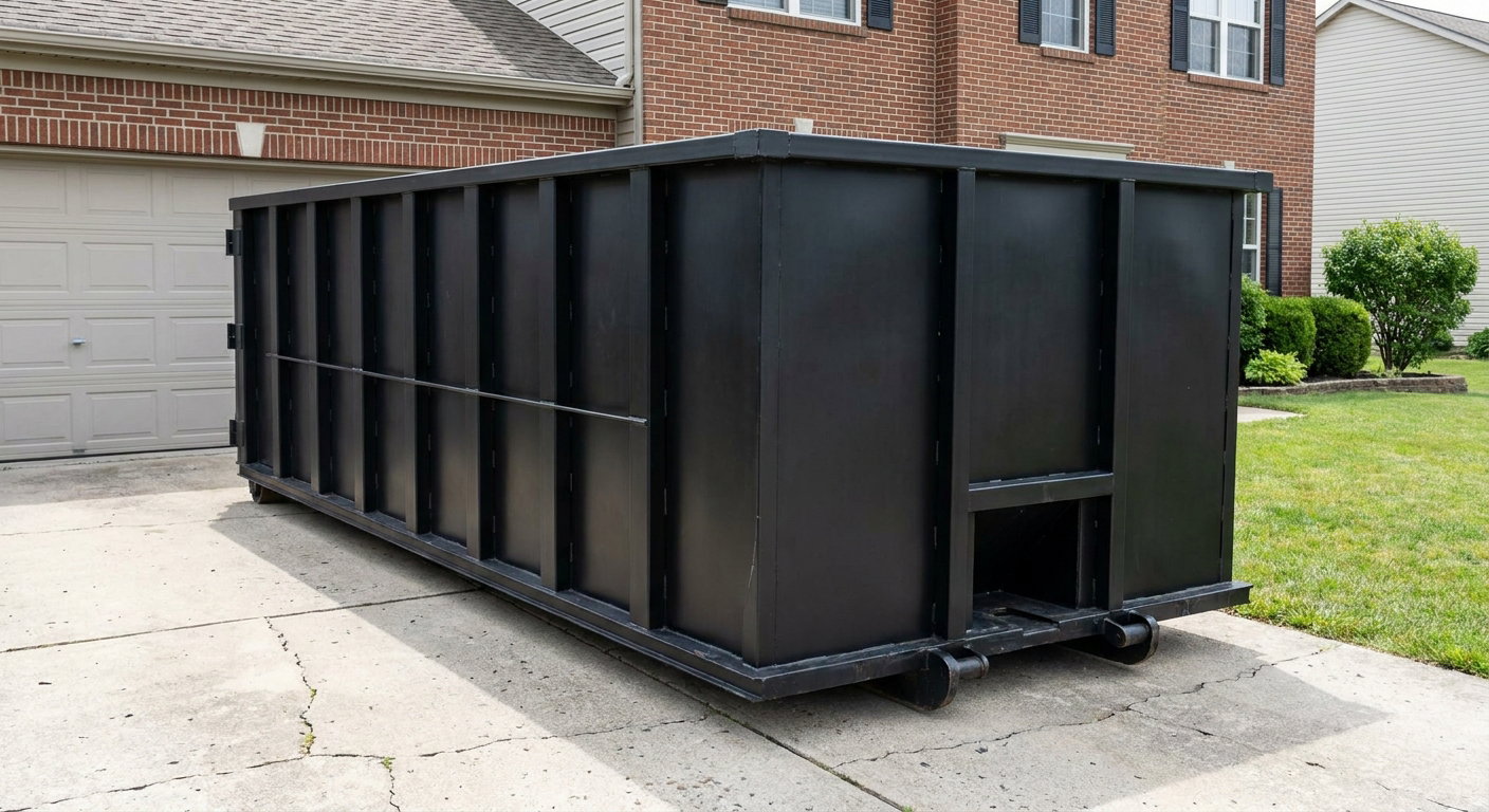 Matte-black 20-yard roll-off container on a Bismarck residential concrete driveway with reinforced ribbed steel sidewalls and a hinged rear walk-in door, clean bright daylight.