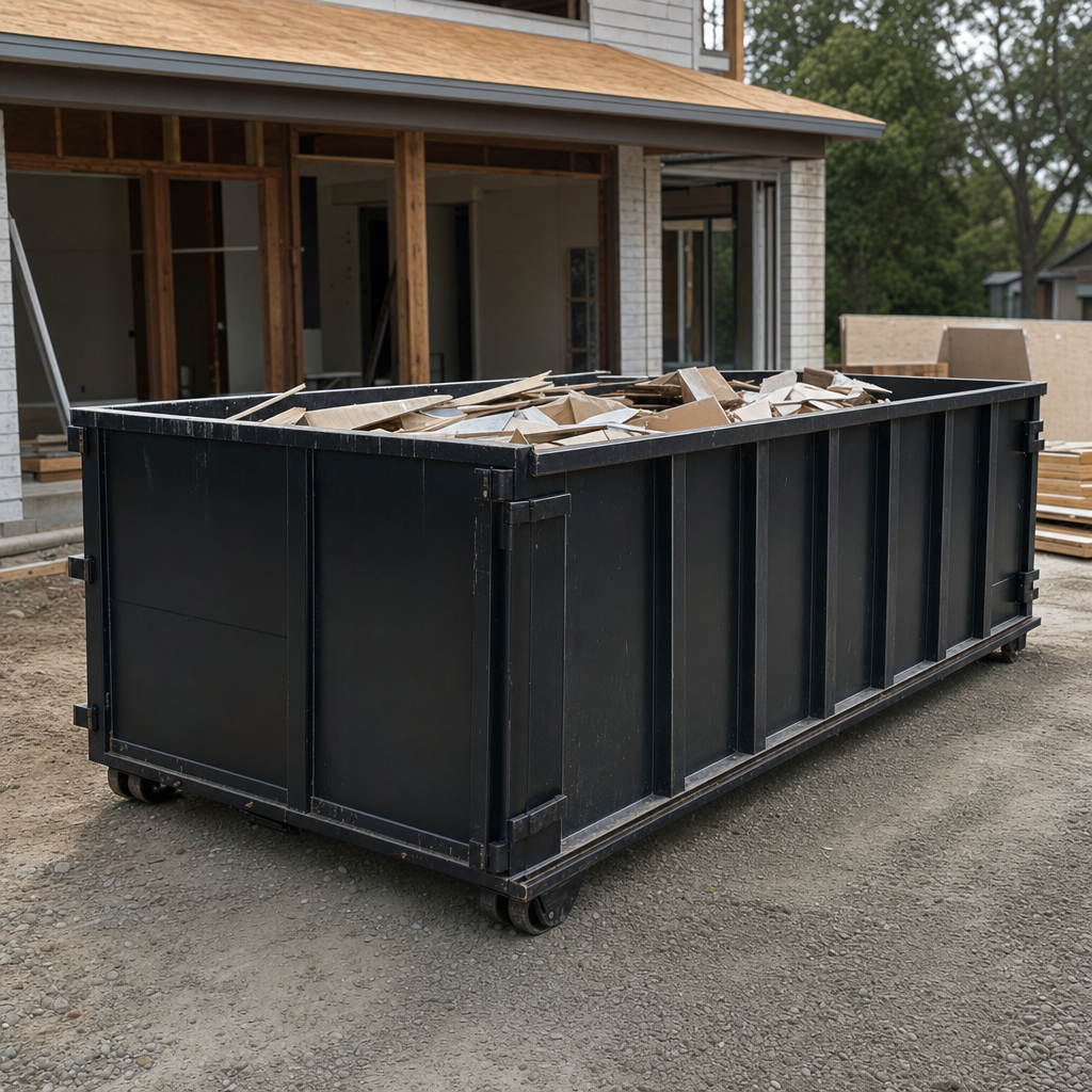 Large matte-black 30-yard construction roll-off dumpster at an active Bismarck jobsite, steel-gray top rails and bottom rollers visible, loaded with construction debris.