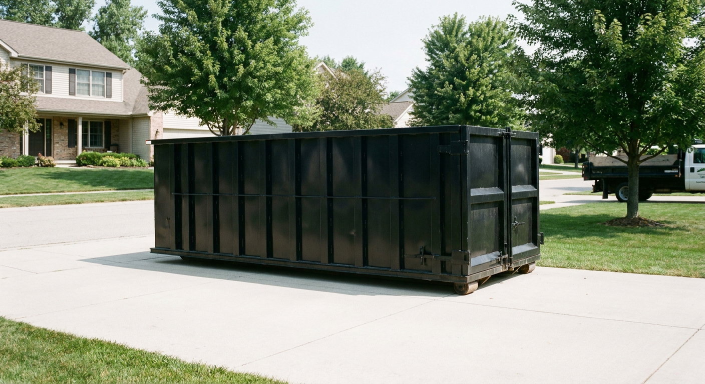 Matte-black 20-yard roll-off dumpster sitting level on a clean Bismarck residential concrete driveway under bright daylight, demonstrating clean placement directly on the concrete.