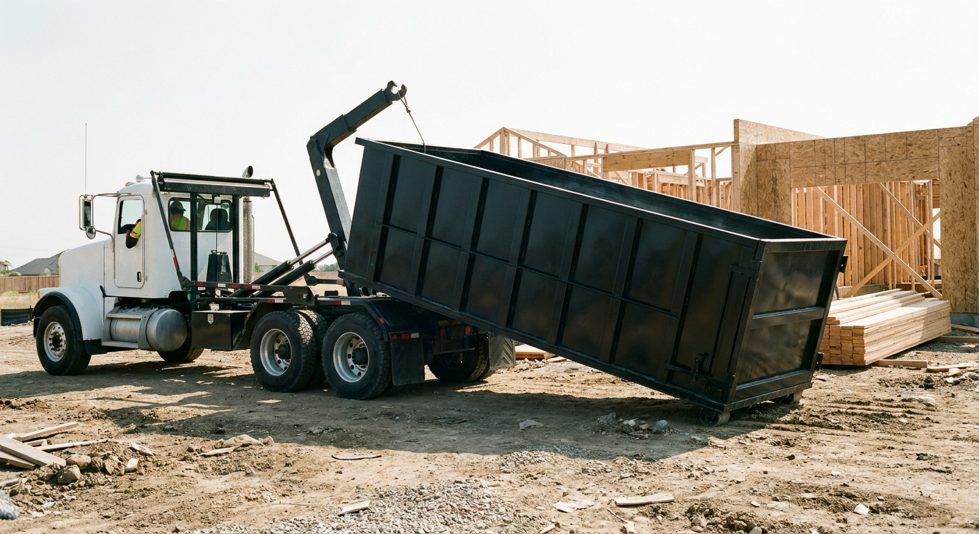 Matte-black roll-off dumpster being delivered onto a clean residential concrete driveway in Bismarck by an unmarked white hooklift hauler truck, bright morning daylight, documentary 35mm perspective.